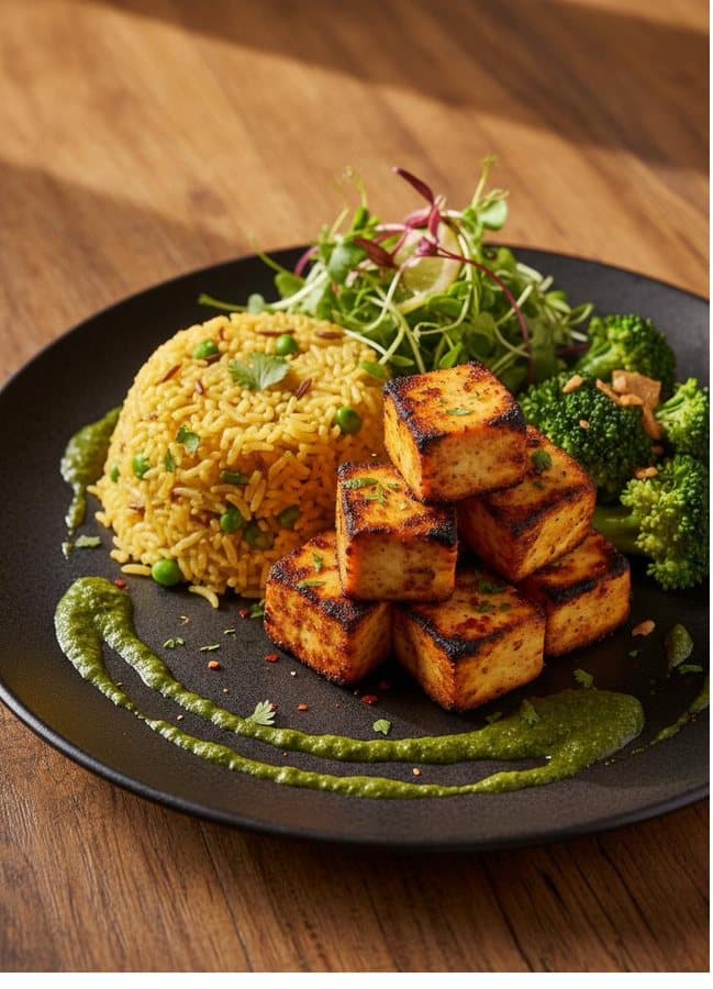 Paneer steak with turmeric pea rice, broccoli and greens